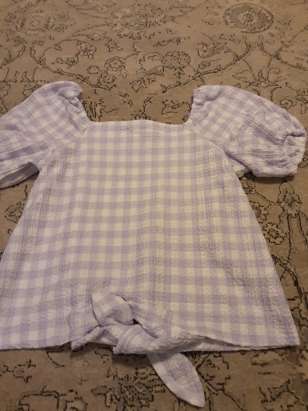 LOFT Lavender Gingham Tie-Front Puff Sleeve Top